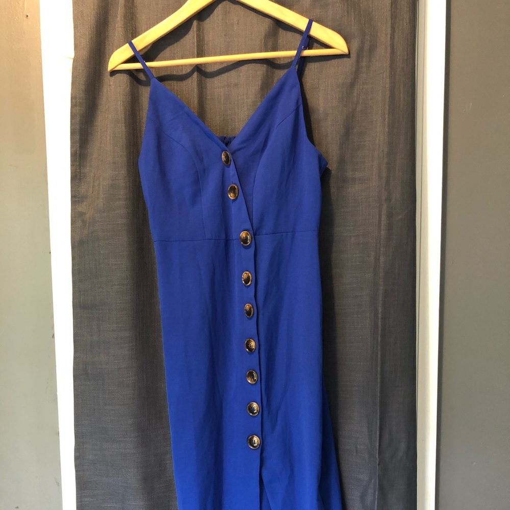 Blue button down dress.